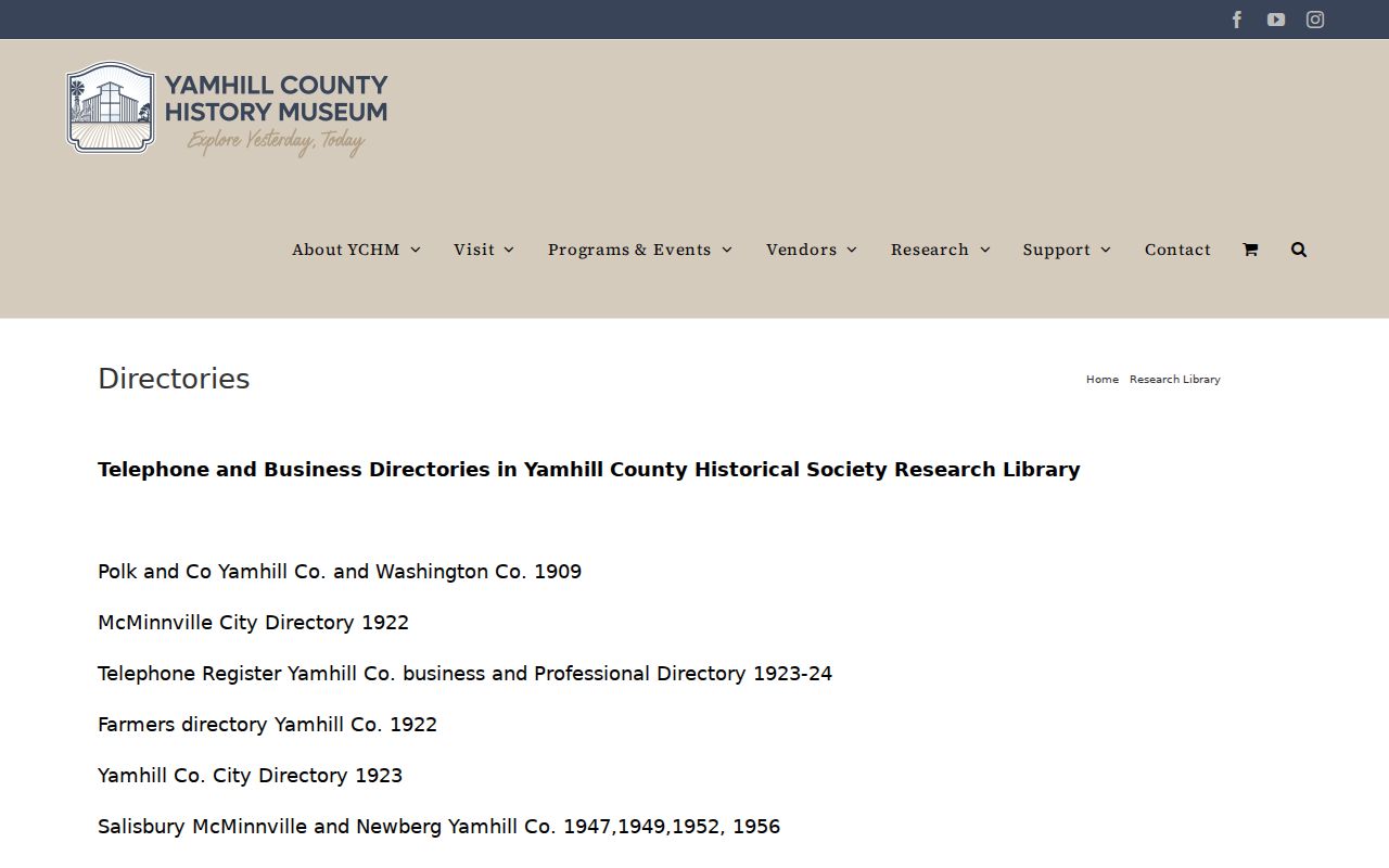 Newberg city directory Yamhill County History Museum directory holdings
