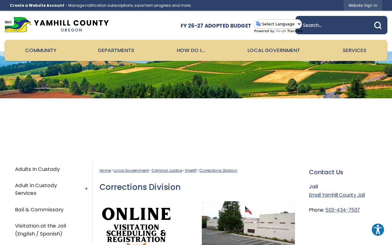 Yamhill County Corrections contact page for Newberg neighbors research limits