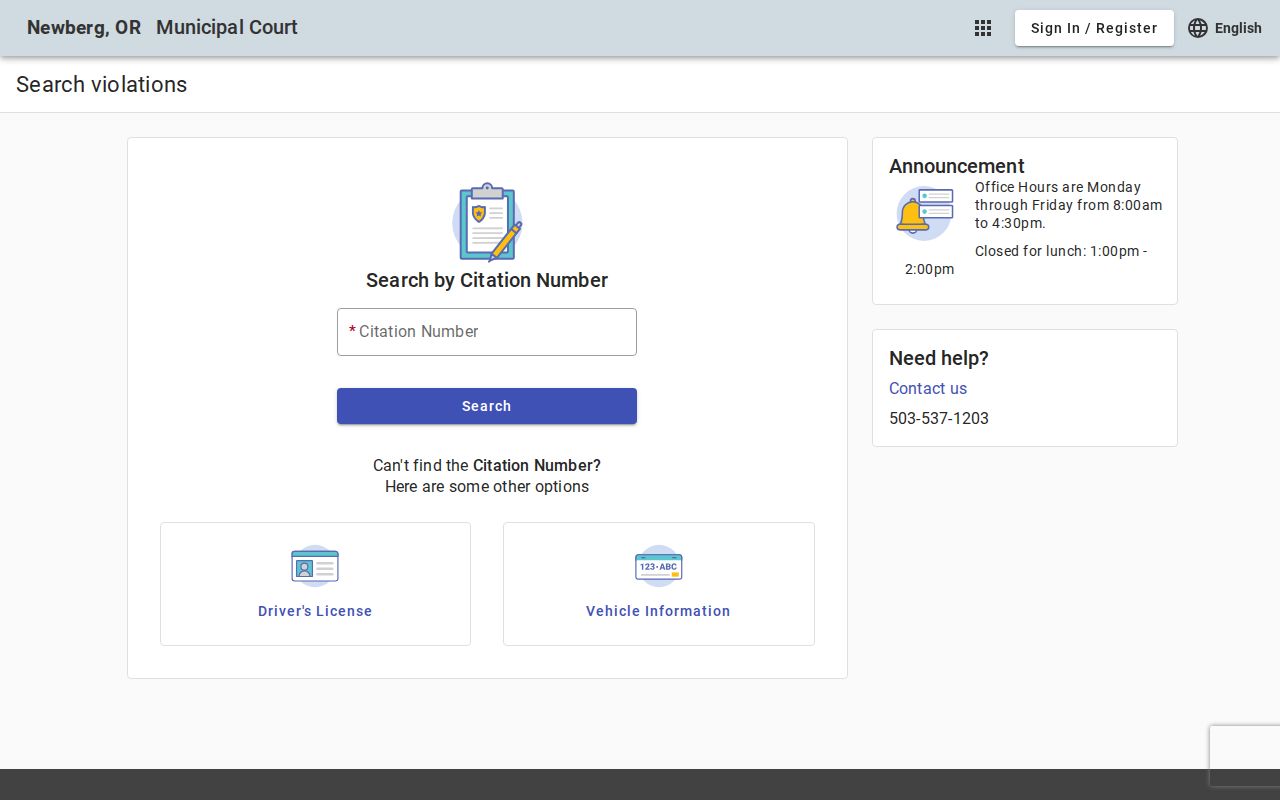 Newberg resident lookup Municipal Court case-search interface