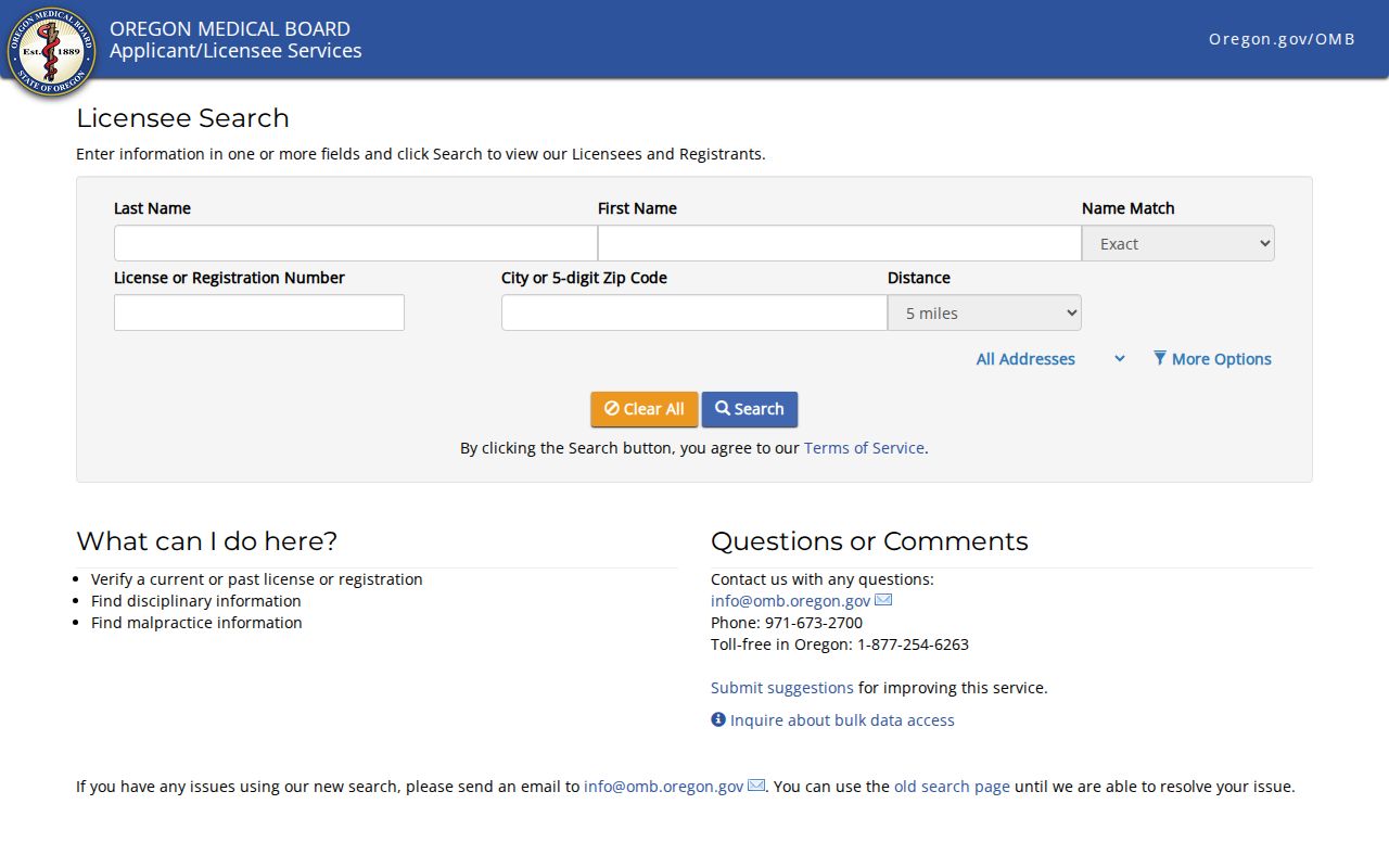 Oregon Medical Board license search for a Newberg resident lookup